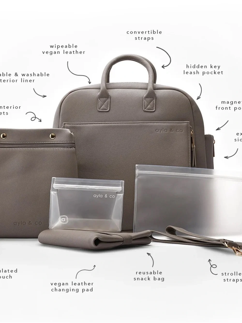 Ayla & Co ‘The Ayla’ taupe vegan leather diaper bag with accessories